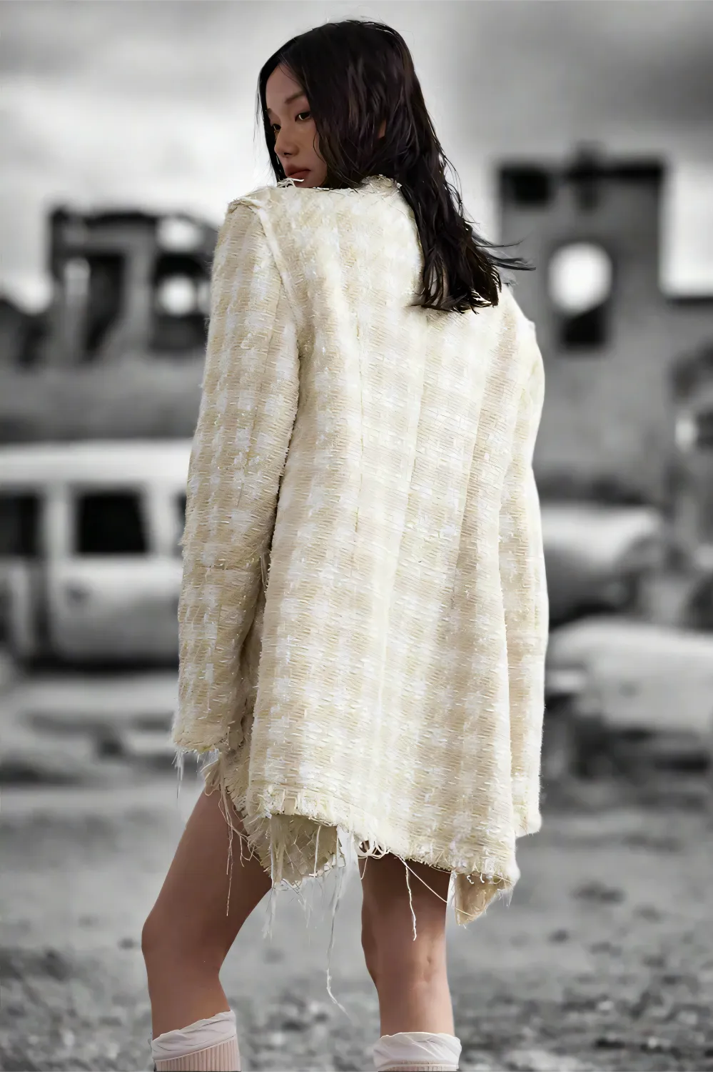 Frayed Elegance Beige Blazer