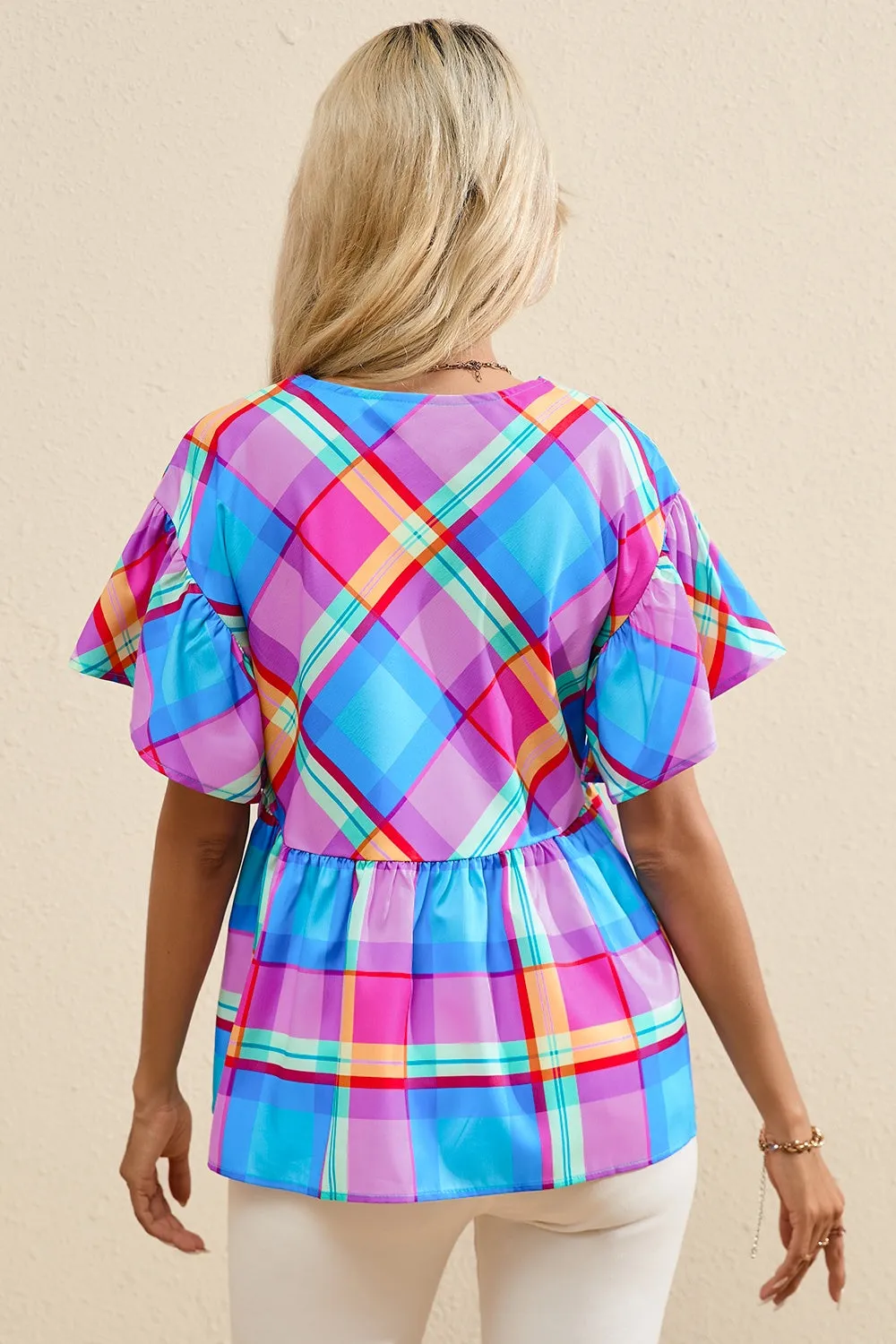 Genevieve Plaid V-Neck Short Sleeve Blouse