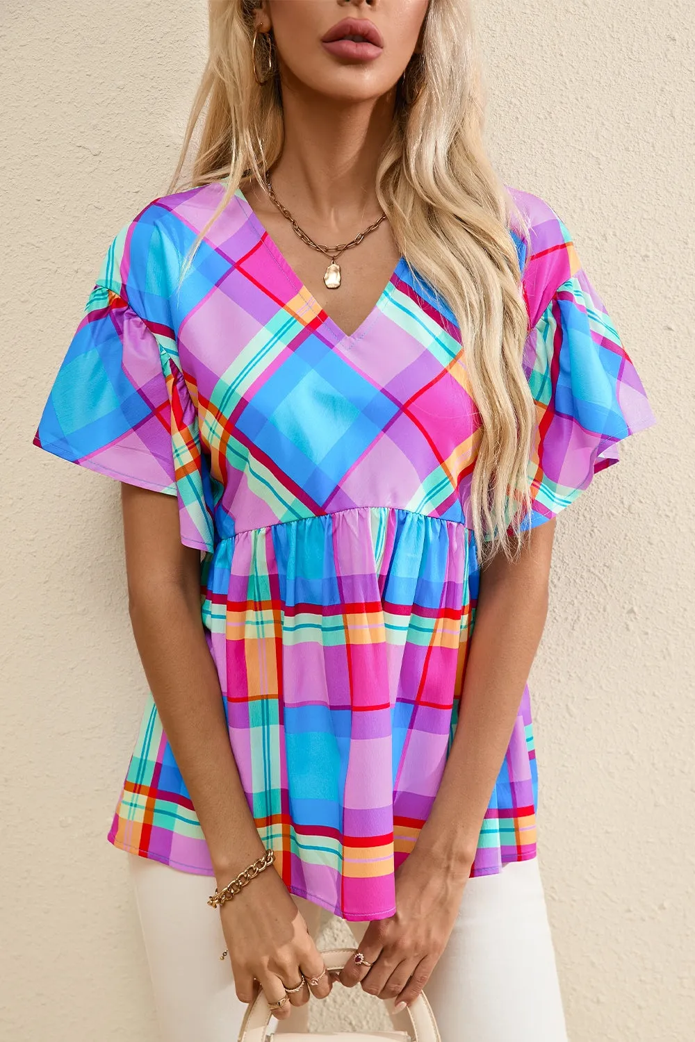 Genevieve Plaid V-Neck Short Sleeve Blouse