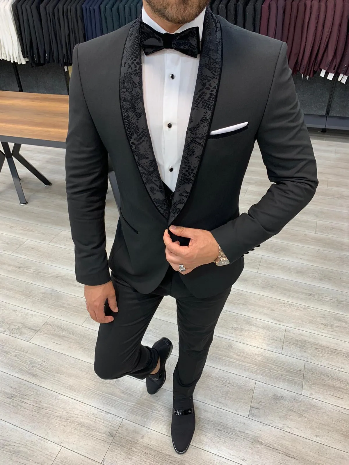 Genova Black Slim Fit Shawl Lapel Tuxedo for Men