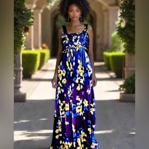 Gianni Bini Boho Elegant Floral Maxi Gown Dress Purple Yellow Medium