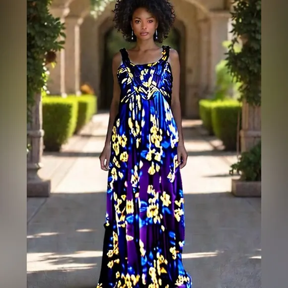 Gianni Bini Boho Elegant Floral Maxi Gown Dress Purple Yellow Medium
