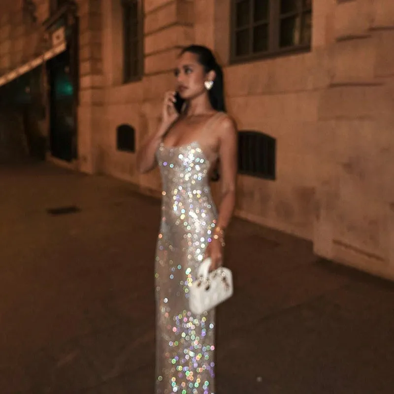 Glamorous Shimmering Slim-Fit Spaghetti Strap Evening Gown
