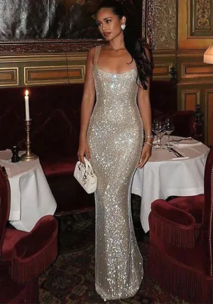 Glamorous Shimmering Slim-Fit Spaghetti Strap Evening Gown