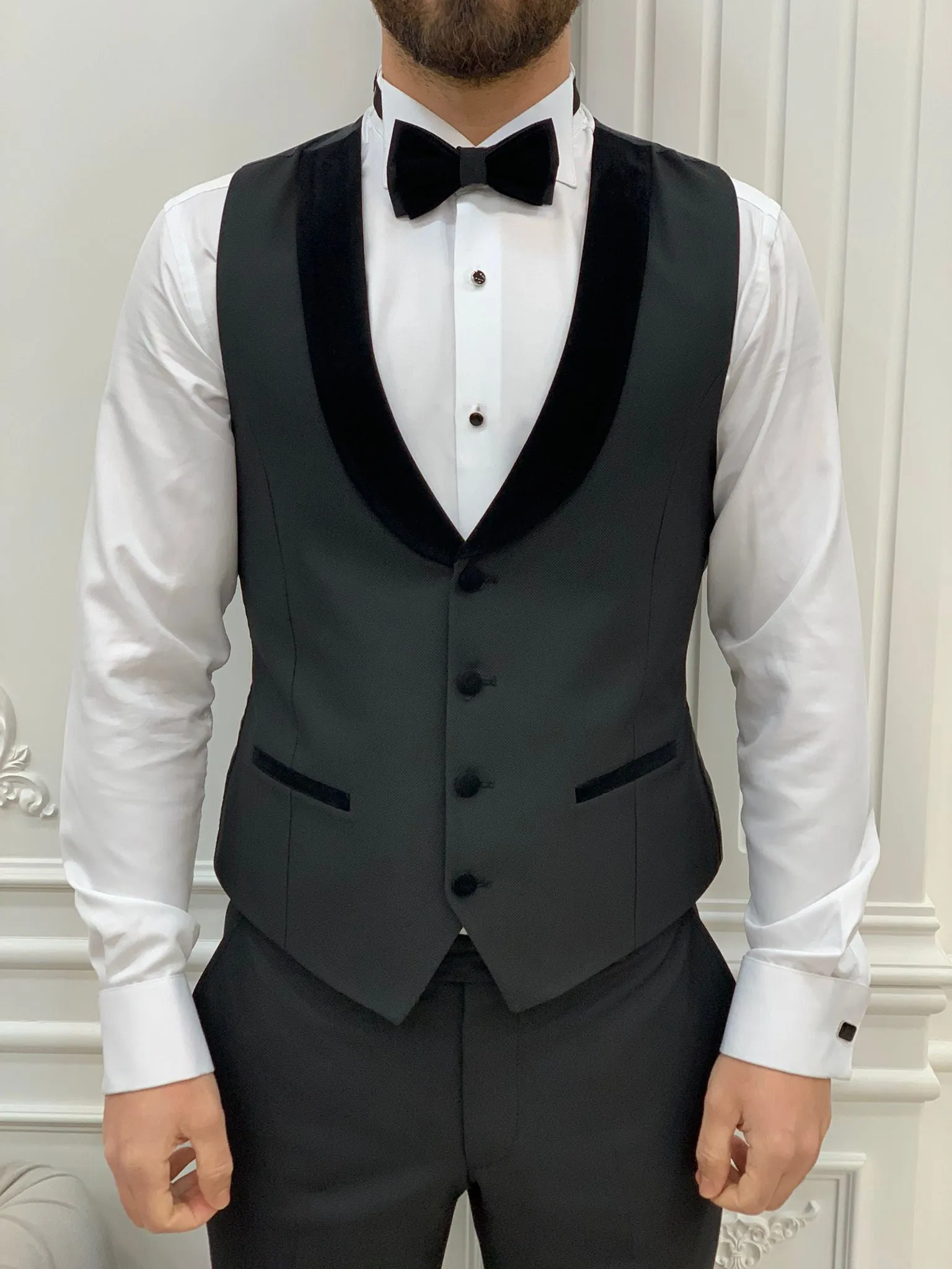 Glendale Black Slim Fit Velvet Satin Shawl Lapel Tuxedo