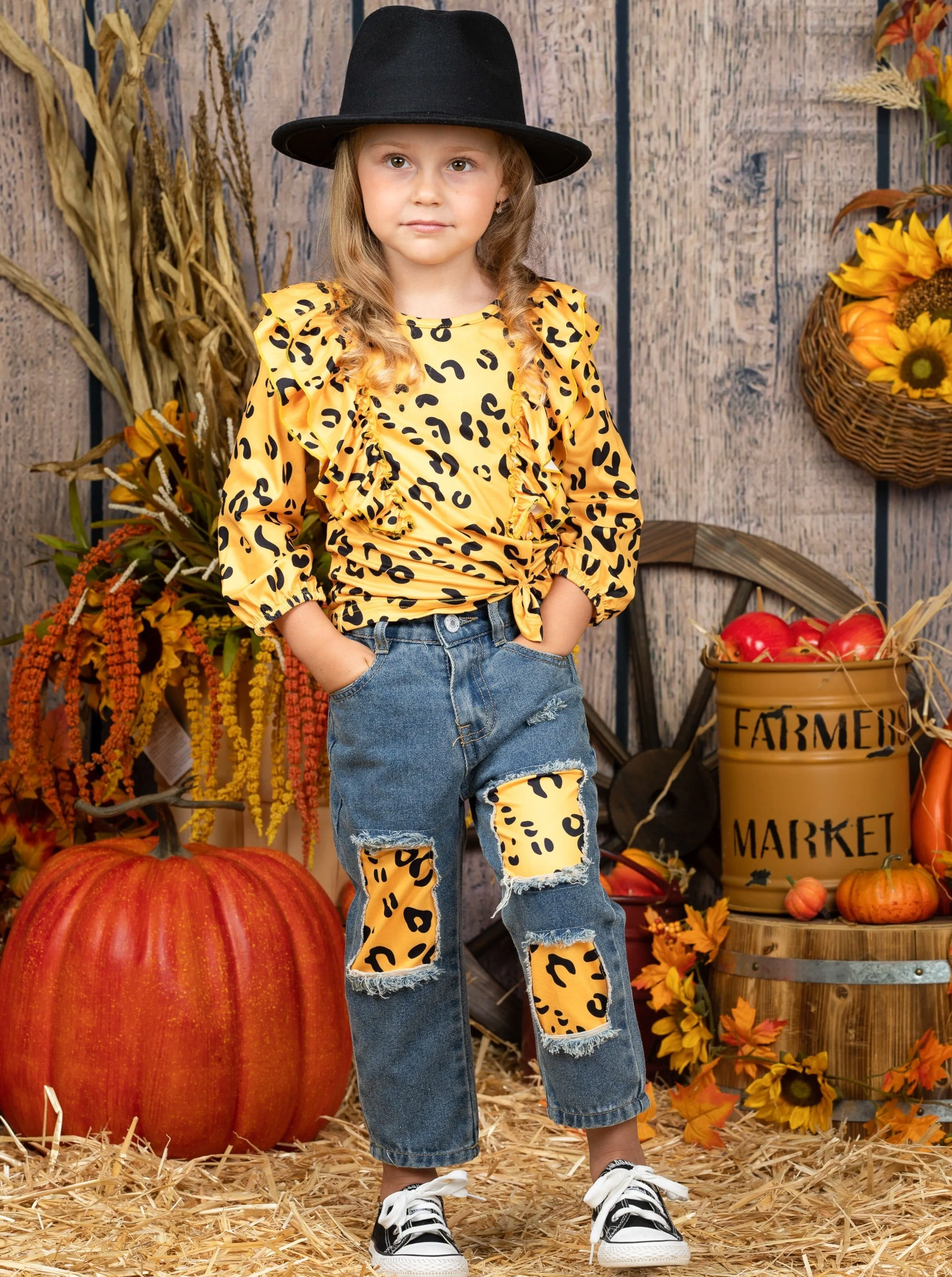 Golden Cub Ruffle Top and Patched Jeans Set