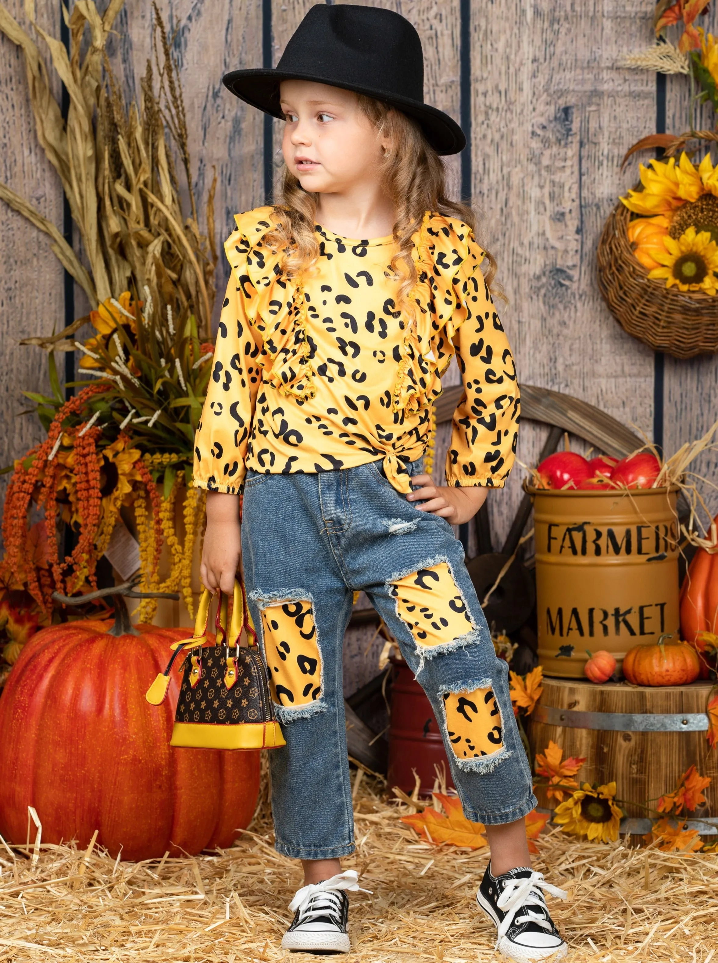 Golden Cub Ruffle Top and Patched Jeans Set