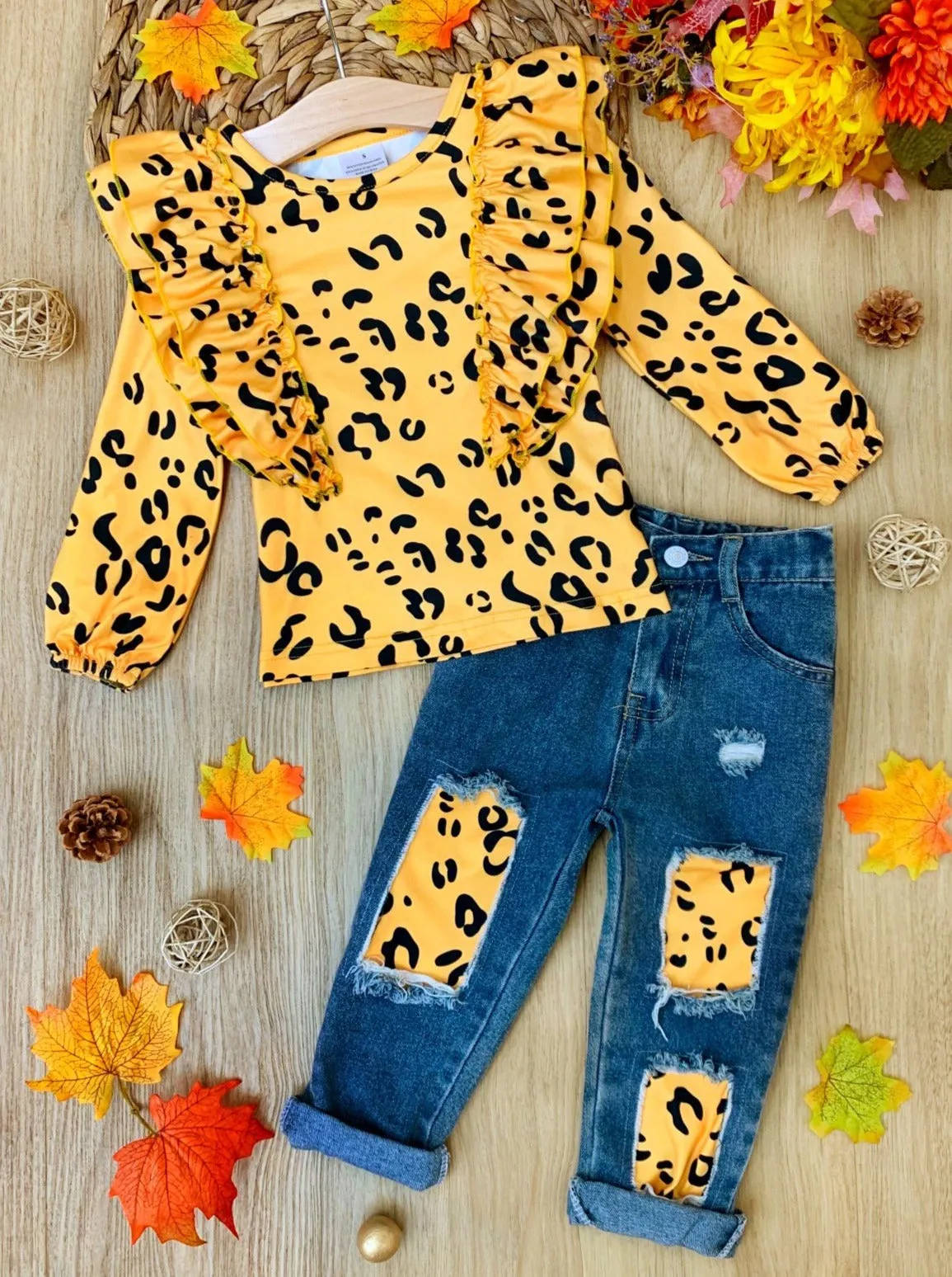 Golden Cub Ruffle Top and Patched Jeans Set