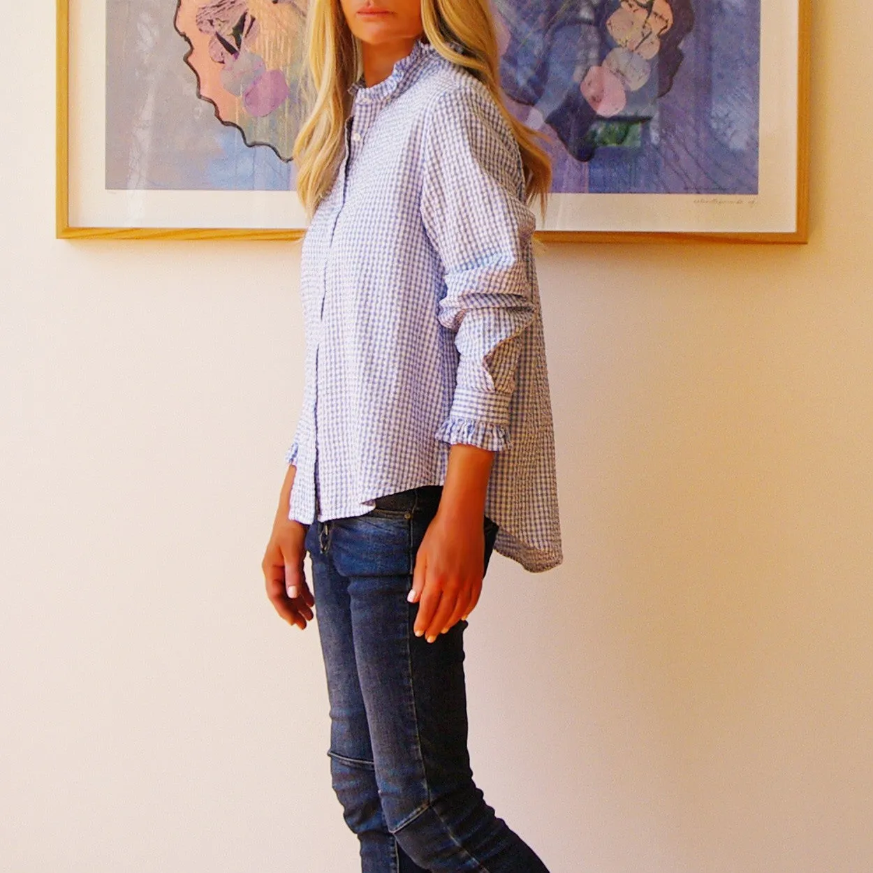 Gracie Gingham Shirt in Sky Blue and White