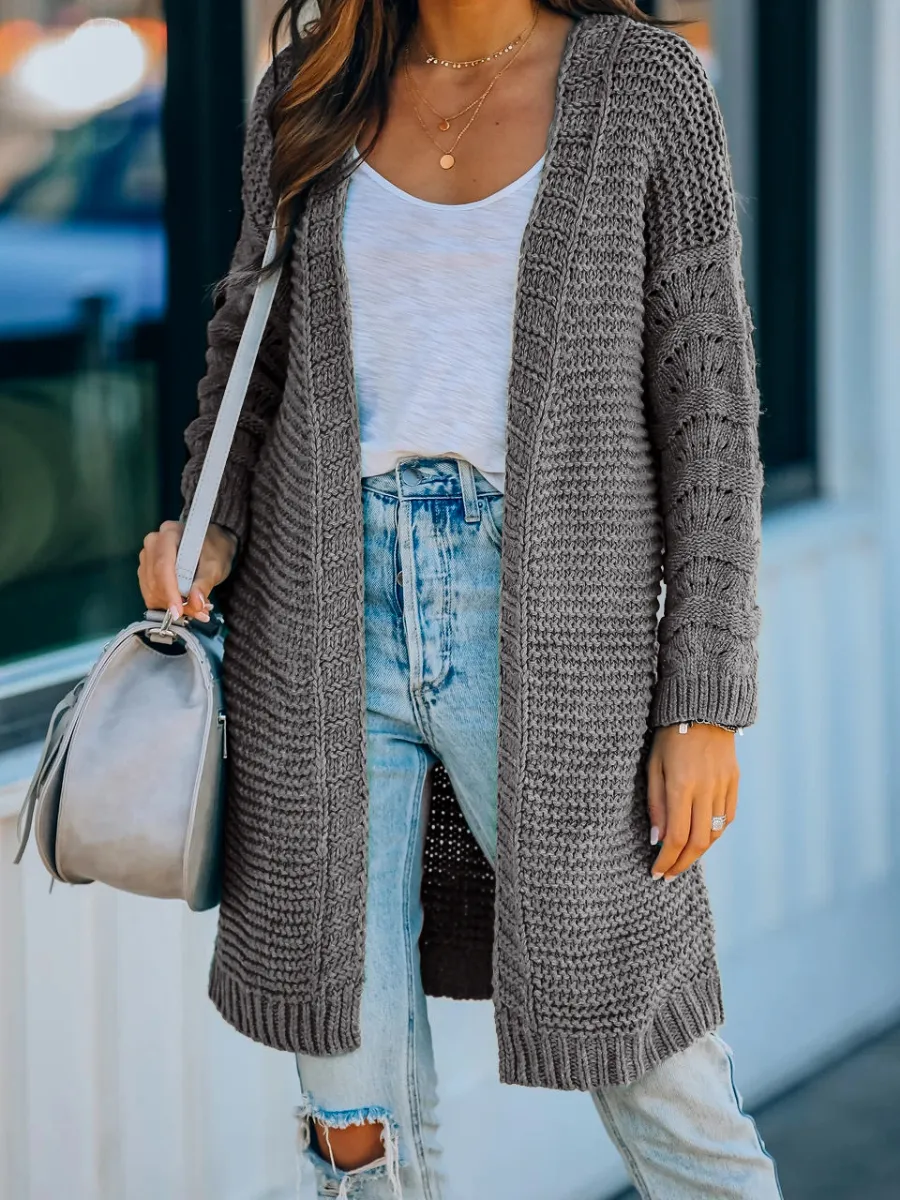 Grey Braid Open Knit Long Cardigan