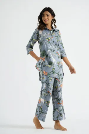 Grey Jungle Collared Cotton Lounge Co-Ord Set with 3 button