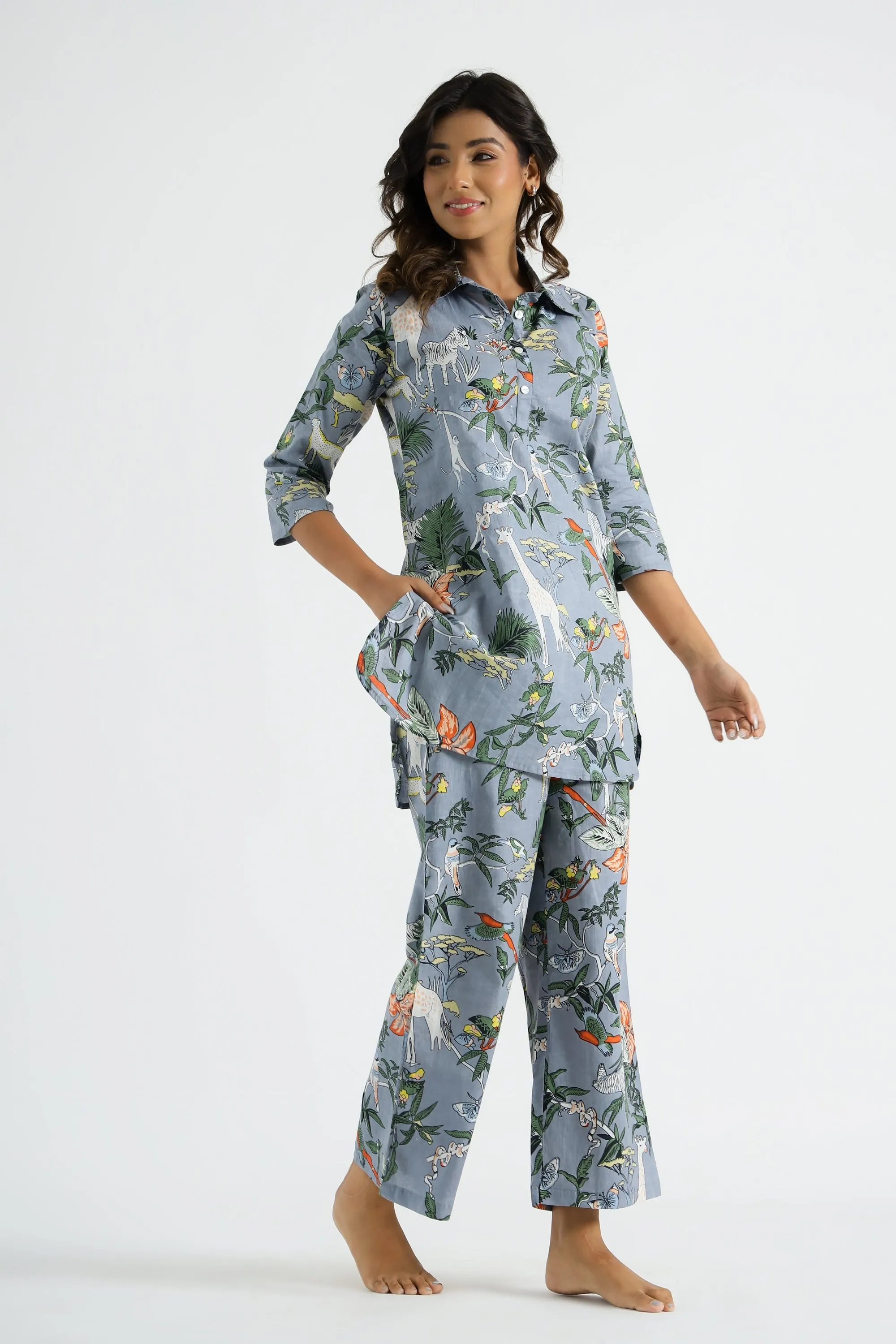 Grey Jungle Collared Cotton Lounge Co-Ord Set with 3 button