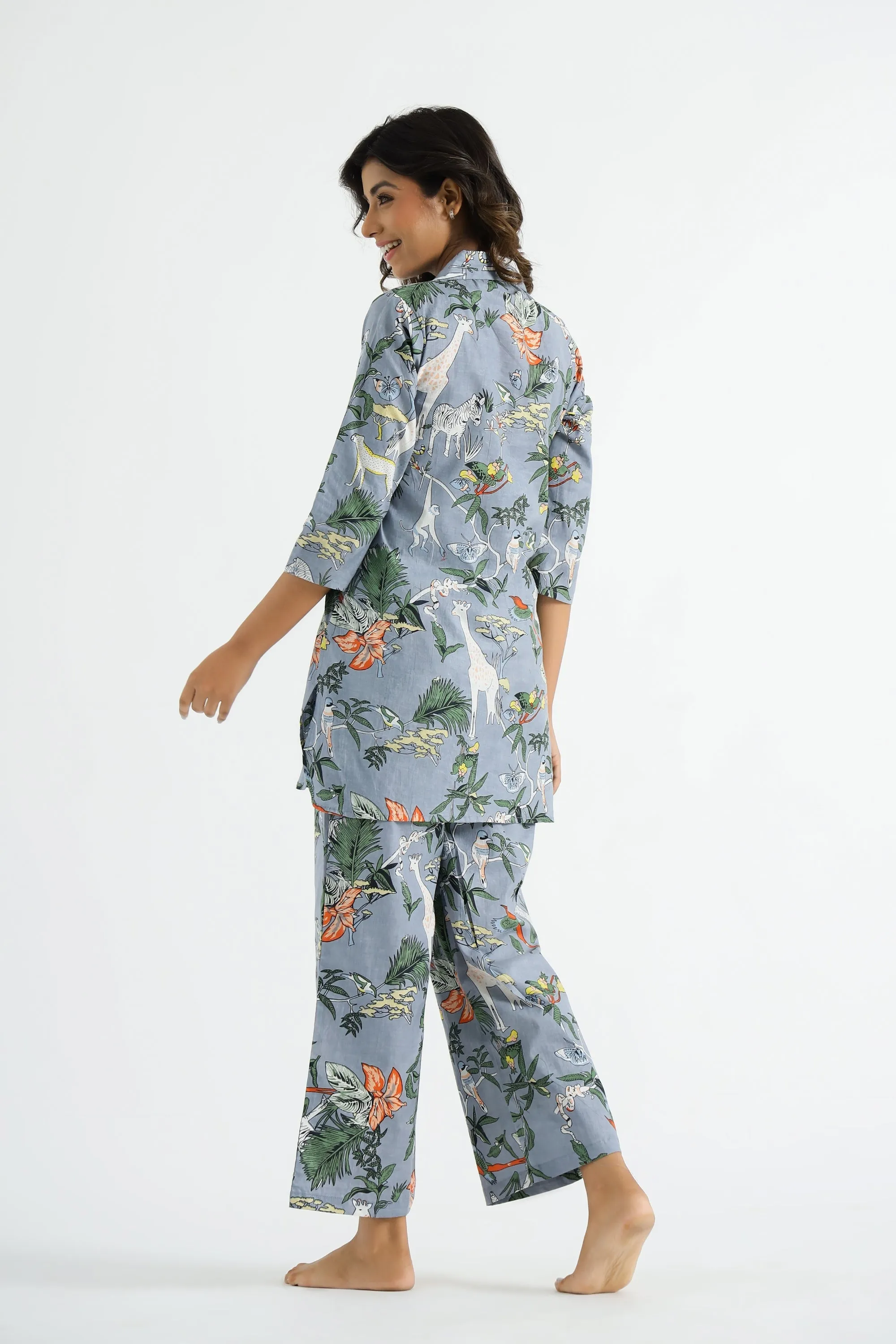 Grey Jungle Collared Cotton Lounge Co-Ord Set with 3 button