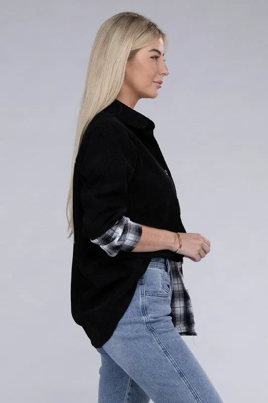 Half Plaid Drop Shoulder Shacket