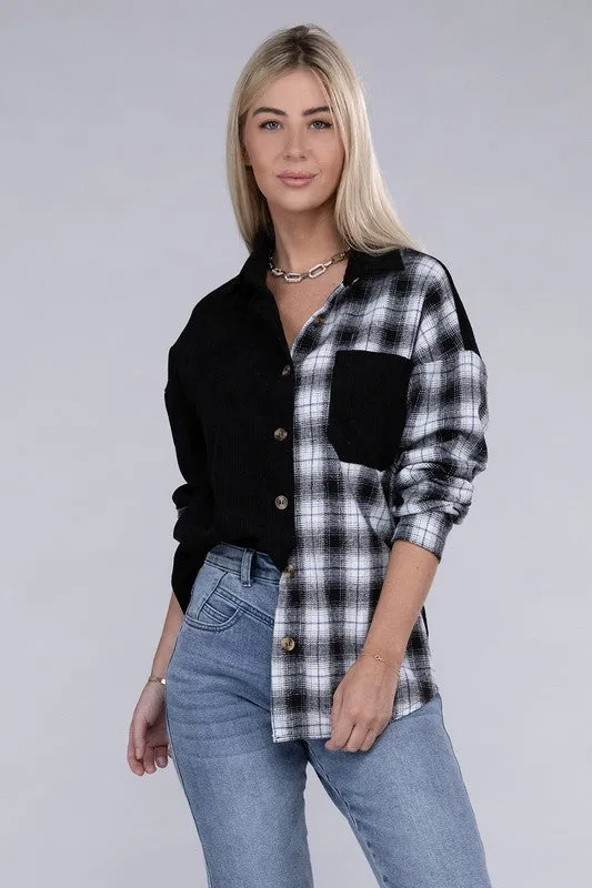Half Plaid Drop Shoulder Shacket
