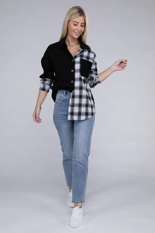 Half Plaid Drop Shoulder Shacket