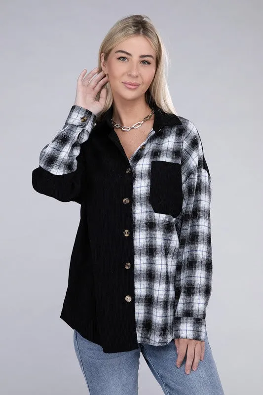 Half Plaid Drop Shoulder Shacket