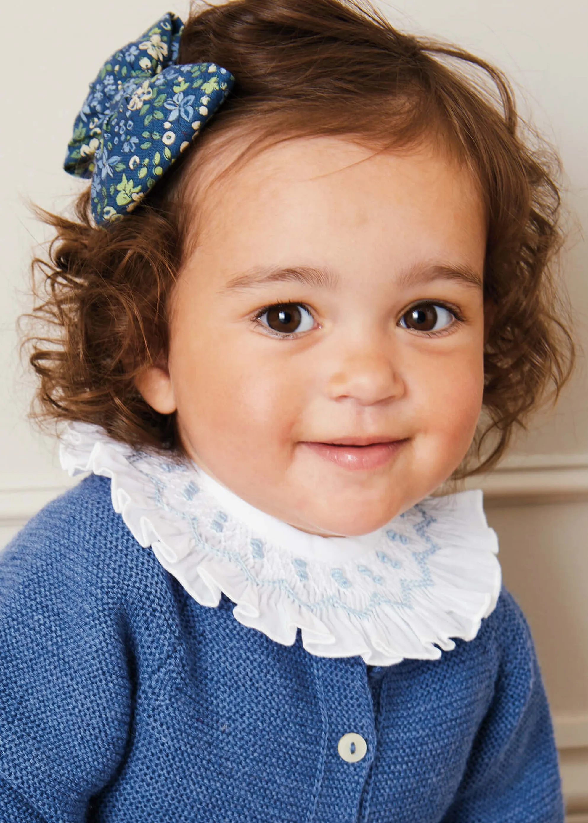 Hand Smocked Collar Long Sleeve Blouse in White (0-12mths)