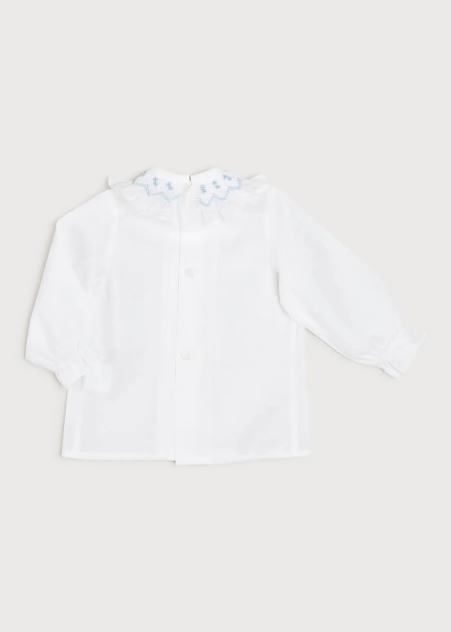 Hand Smocked Collar Long Sleeve Blouse in White (0-12mths)