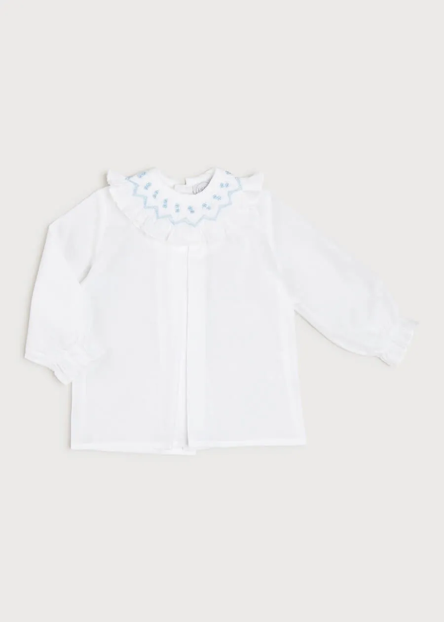 Hand Smocked Collar Long Sleeve Blouse in White (0-12mths)