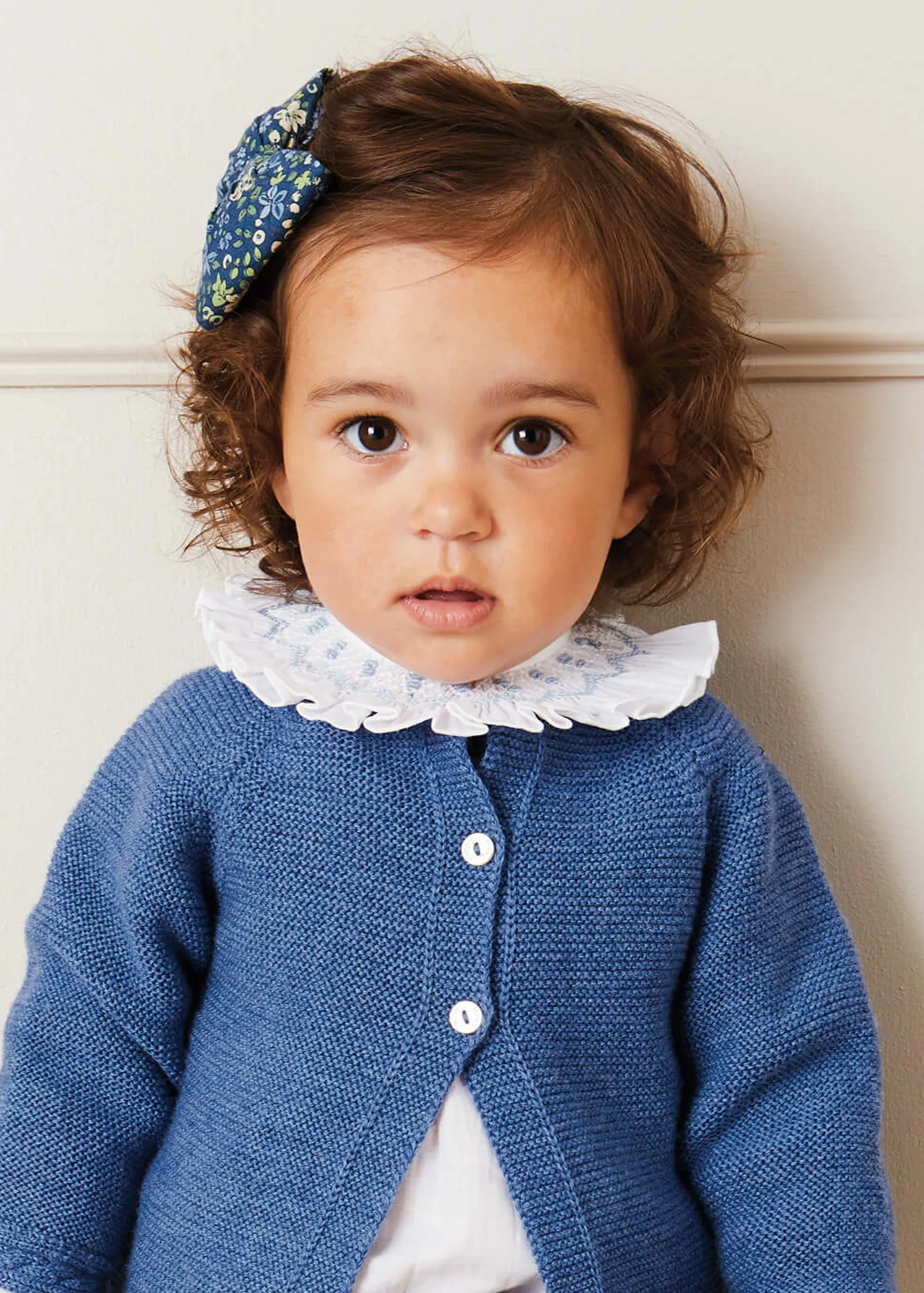 Hand Smocked Collar Long Sleeve Blouse in White (0-12mths)