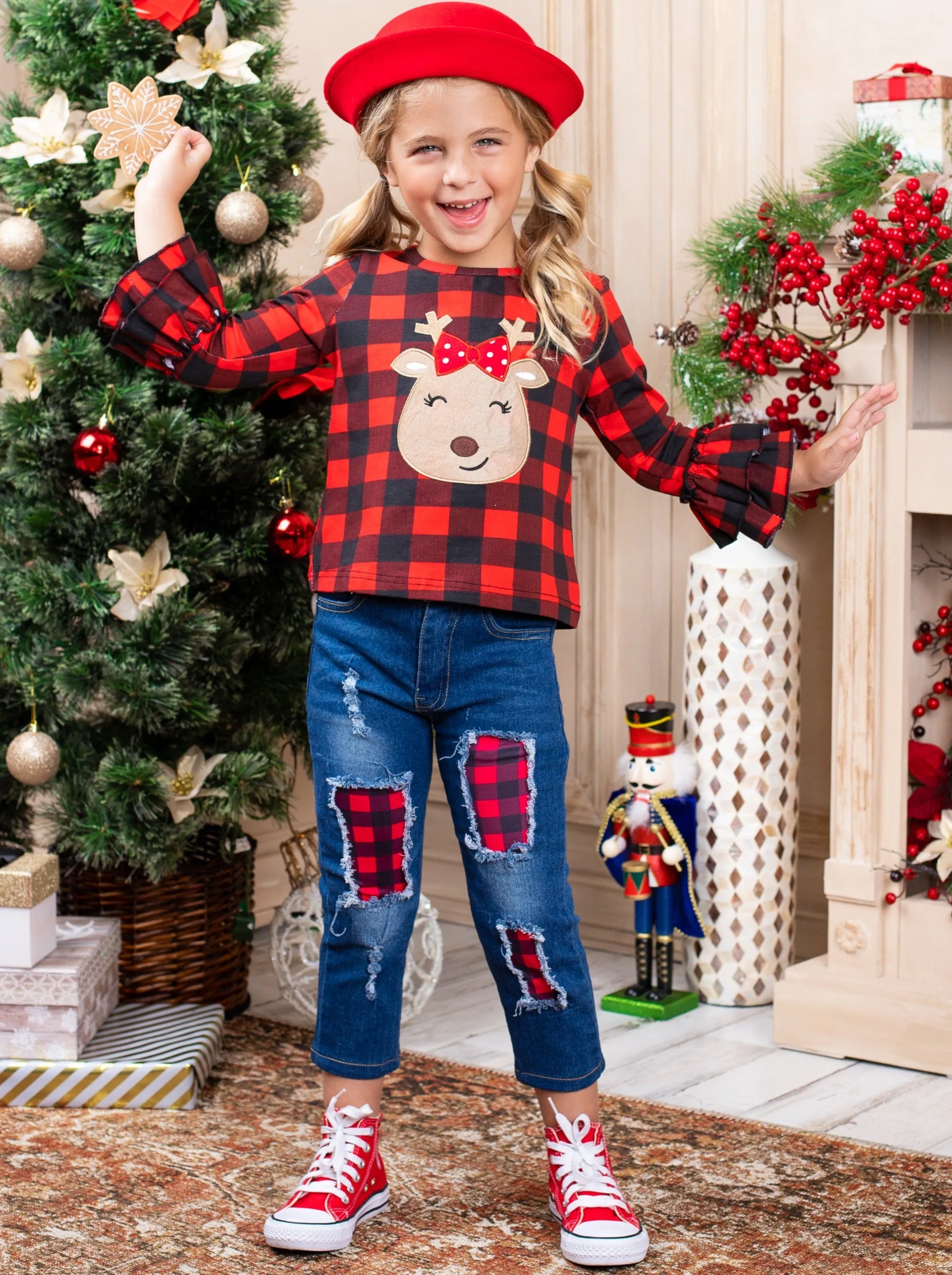 Happy Reindeer Plaid Patched Jeans Set