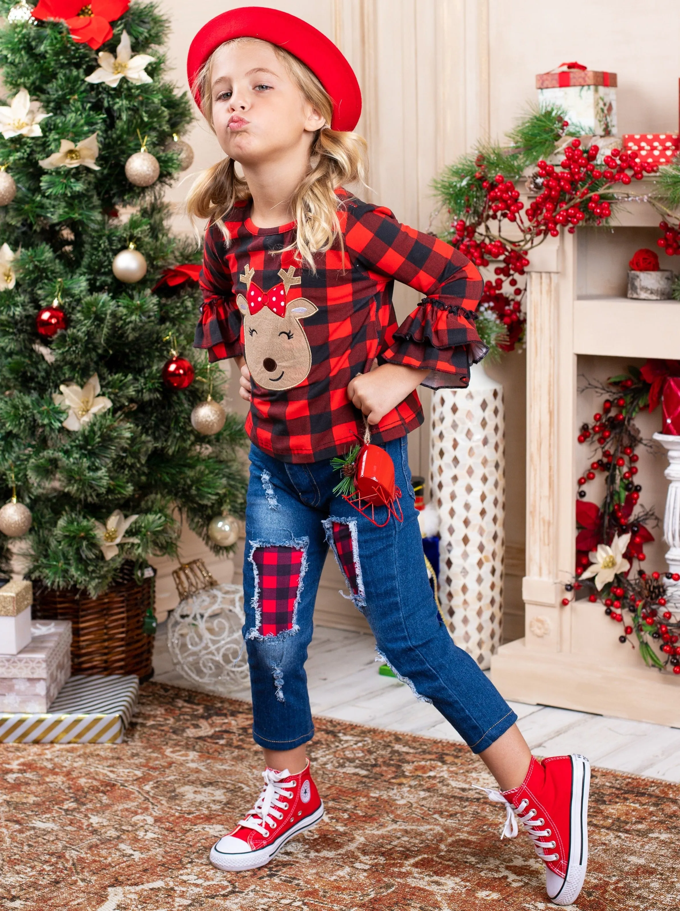 Happy Reindeer Plaid Patched Jeans Set
