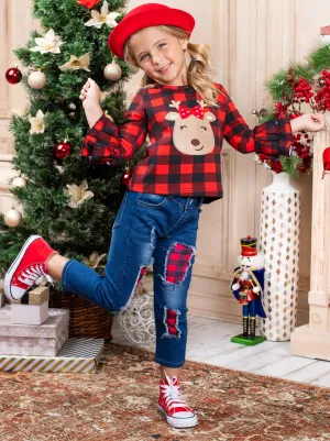 Happy Reindeer Plaid Patched Jeans Set