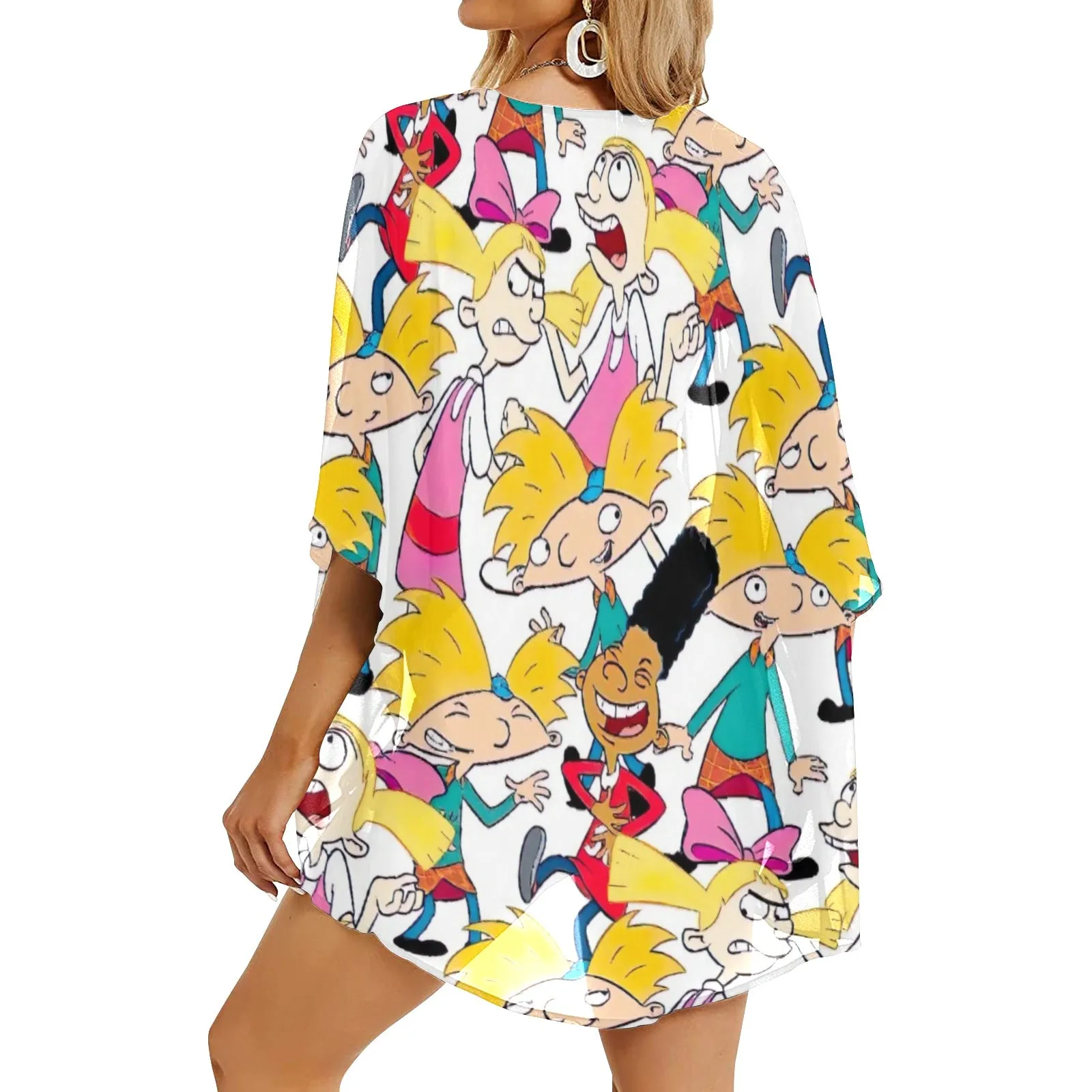Hey Arnold! White Pattern Women's Kimono Chiffon Cover Up