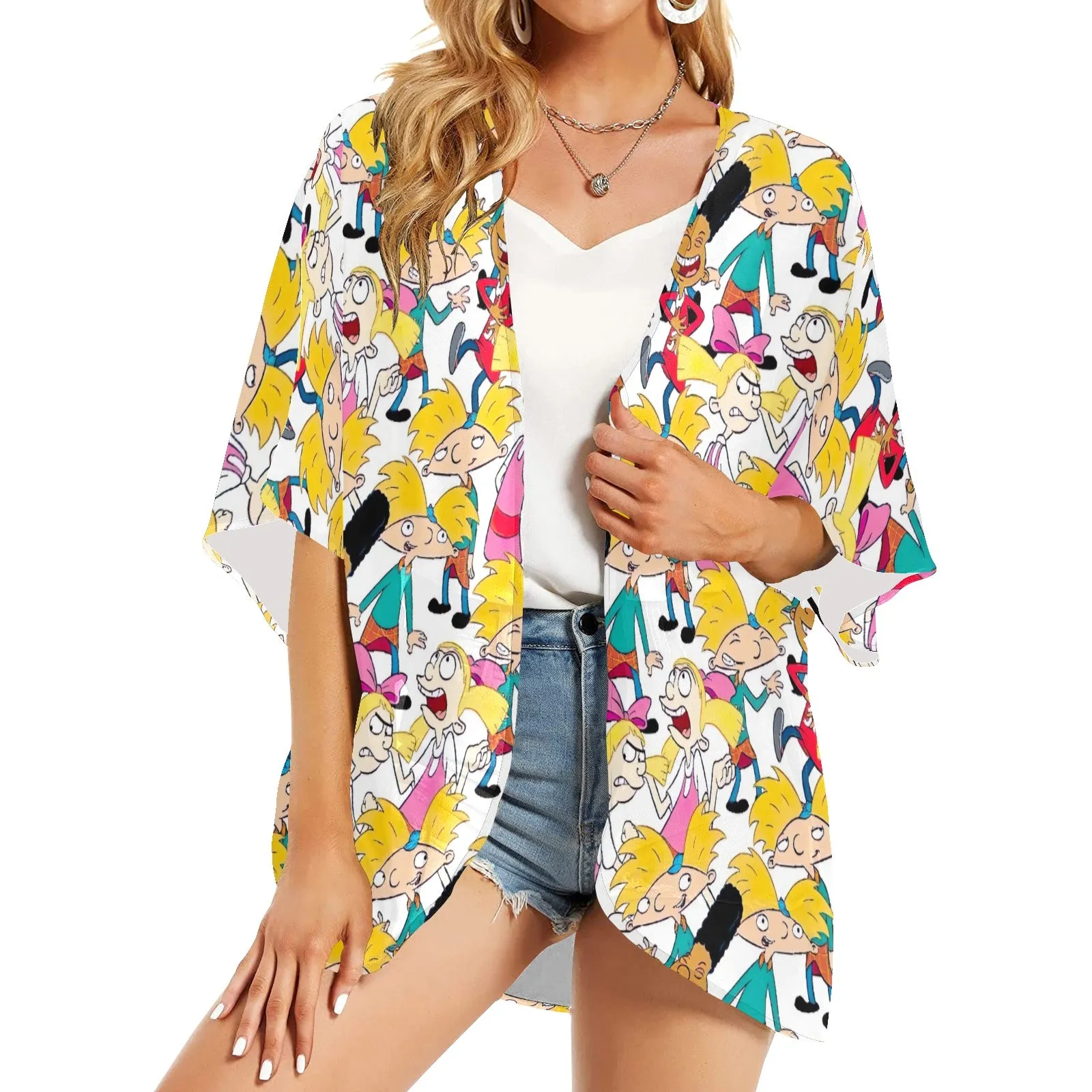 Hey Arnold! White Pattern Women's Kimono Chiffon Cover Up