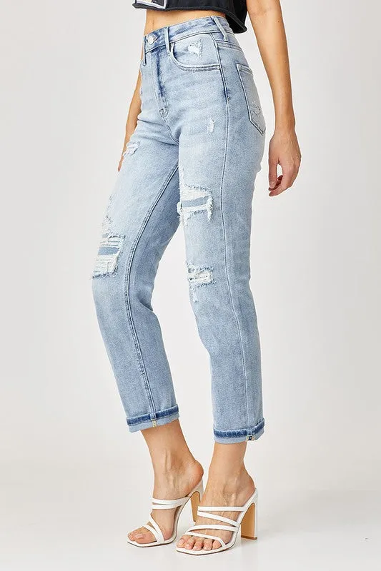 HIGH RISE PATCHED STRAIGHT JEANS
