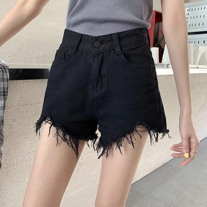 High Waist Tassel Ripped Black Shorts Jeans