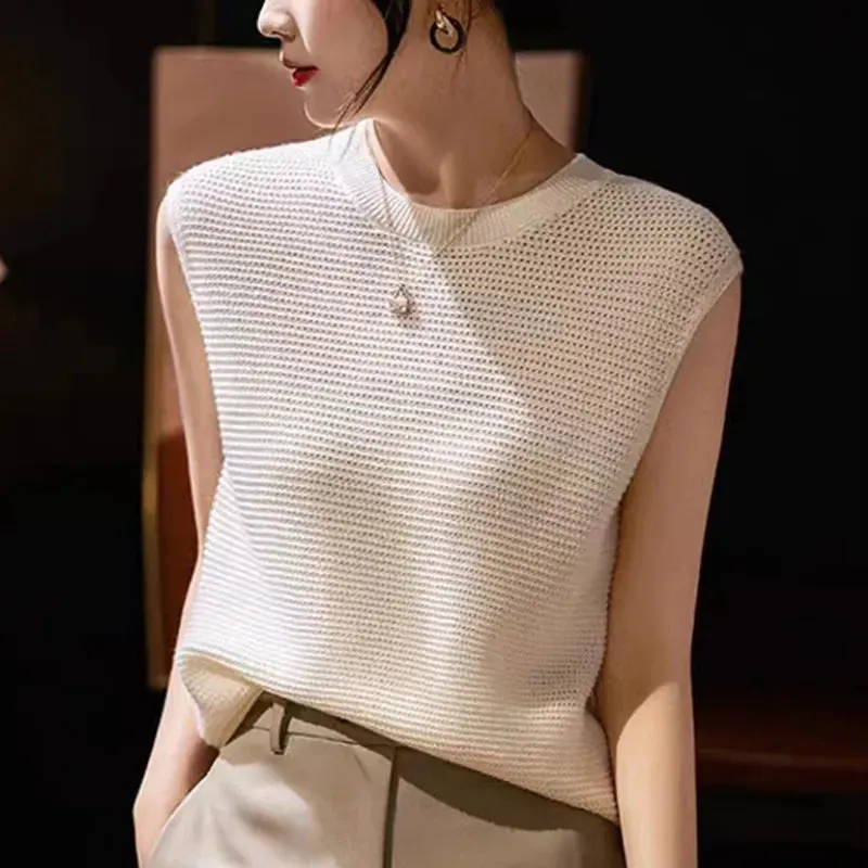 Hollow Out O-Neck Knitted Shirt Tank Top Women's Summer Casual Sleeveless Blouse Vintage Elegant Tank Top