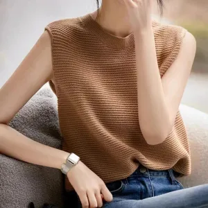 Hollow Out O-Neck Knitted Shirt Tank Top Women's Summer Casual Sleeveless Blouse Vintage Elegant Tank Top