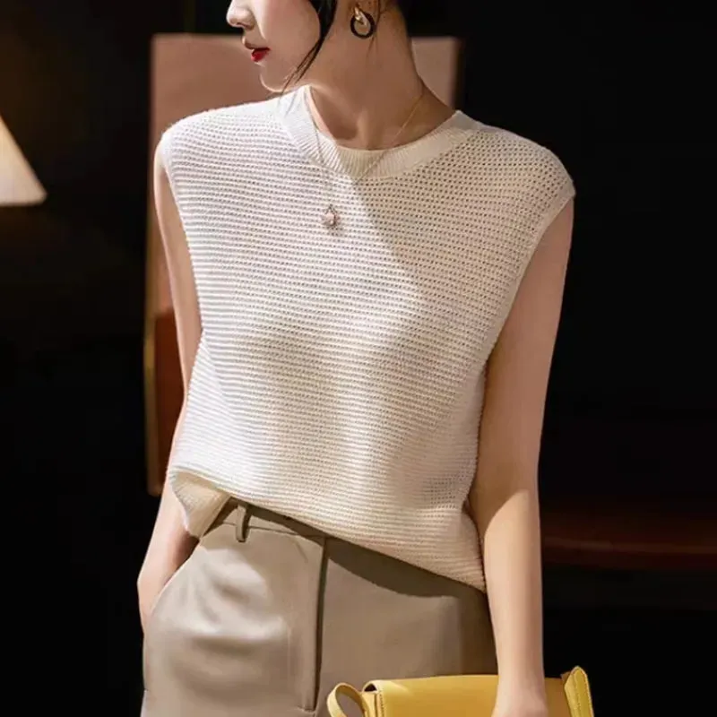 Hollow Out O-Neck Knitted Shirt Tank Top Women's Summer Casual Sleeveless Blouse Vintage Elegant Tank Top