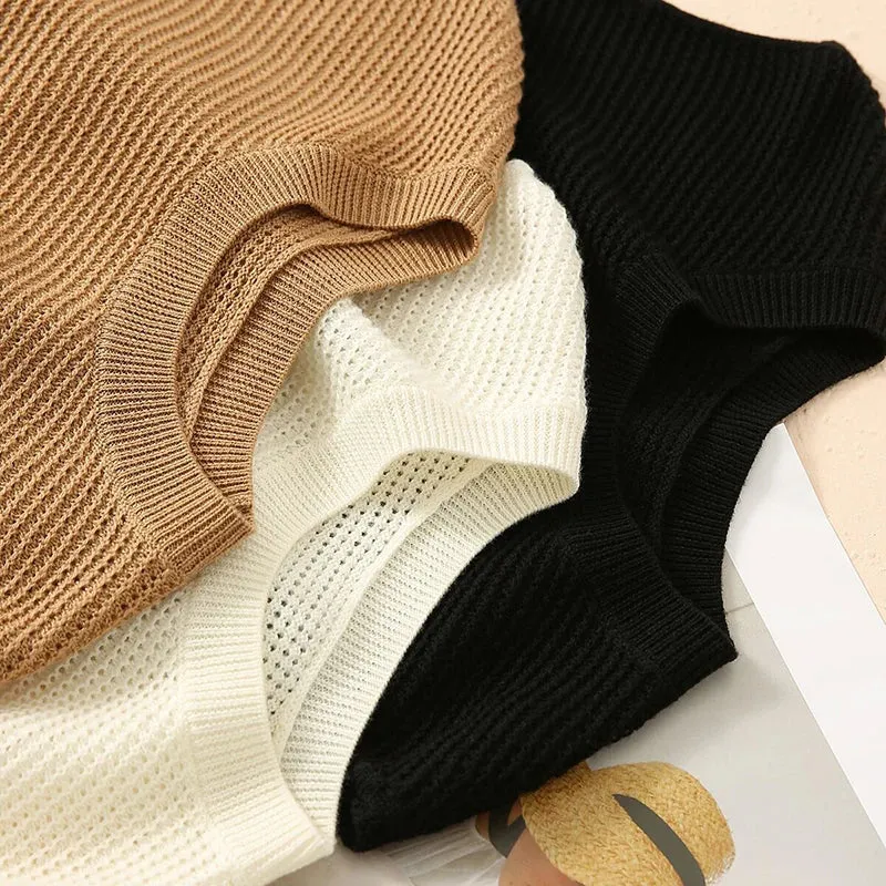 Hollow Out O-Neck Knitted Shirt Tank Top Women's Summer Casual Sleeveless Blouse Vintage Elegant Tank Top