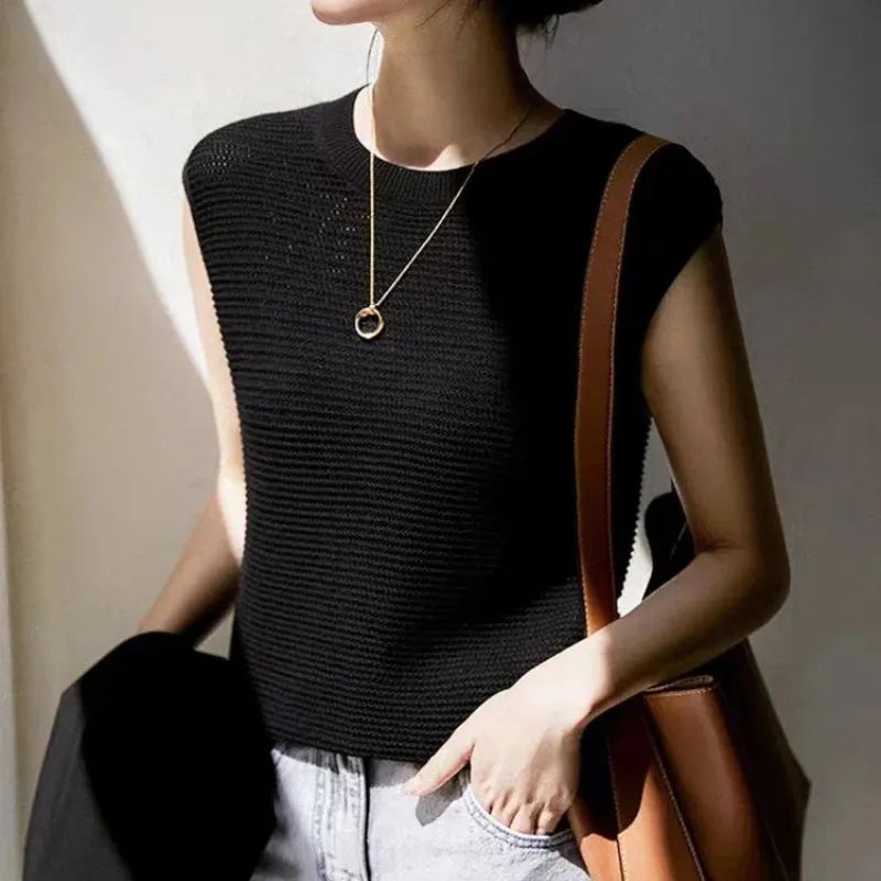 Hollow Out O-Neck Knitted Shirt Tank Top Women's Summer Casual Sleeveless Blouse Vintage Elegant Tank Top