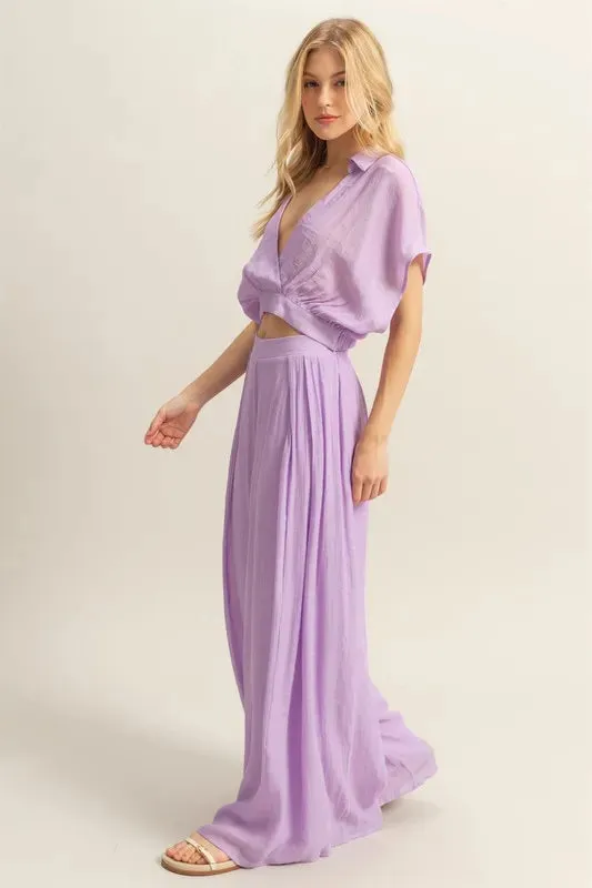 HYFVE Lavender Kimono Sleeve Crop Top and Wide Leg Pants Set