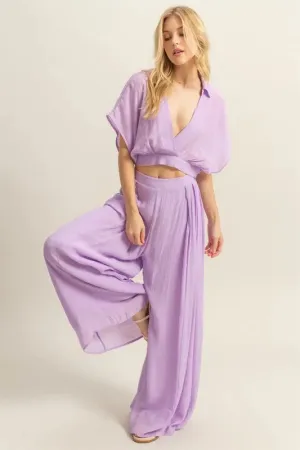 HYFVE Lavender Kimono Sleeve Crop Top and Wide Leg Pants Set