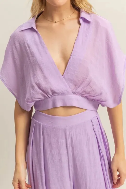 HYFVE Lavender Kimono Sleeve Crop Top and Wide Leg Pants Set