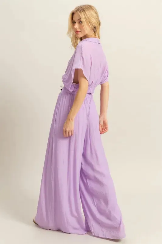 HYFVE Lavender Kimono Sleeve Crop Top and Wide Leg Pants Set