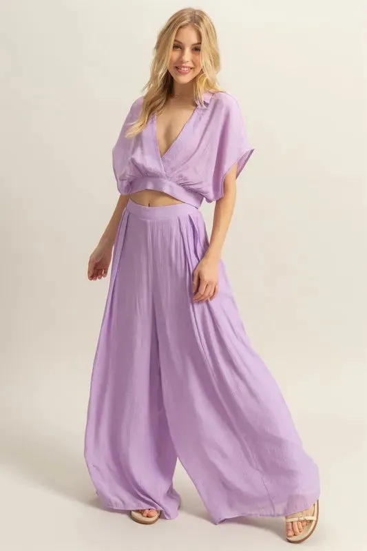 HYFVE Lavender Kimono Sleeve Crop Top and Wide Leg Pants Set