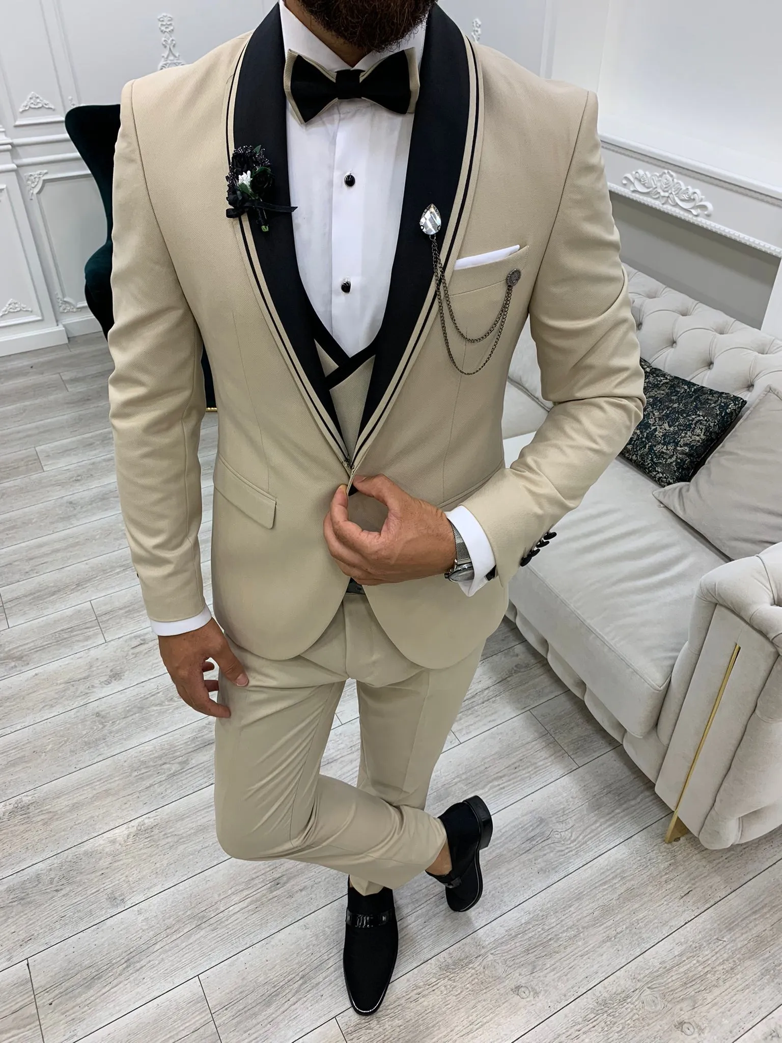 Infinite Beige Slim Fit Shawl Lapel Tuxedo