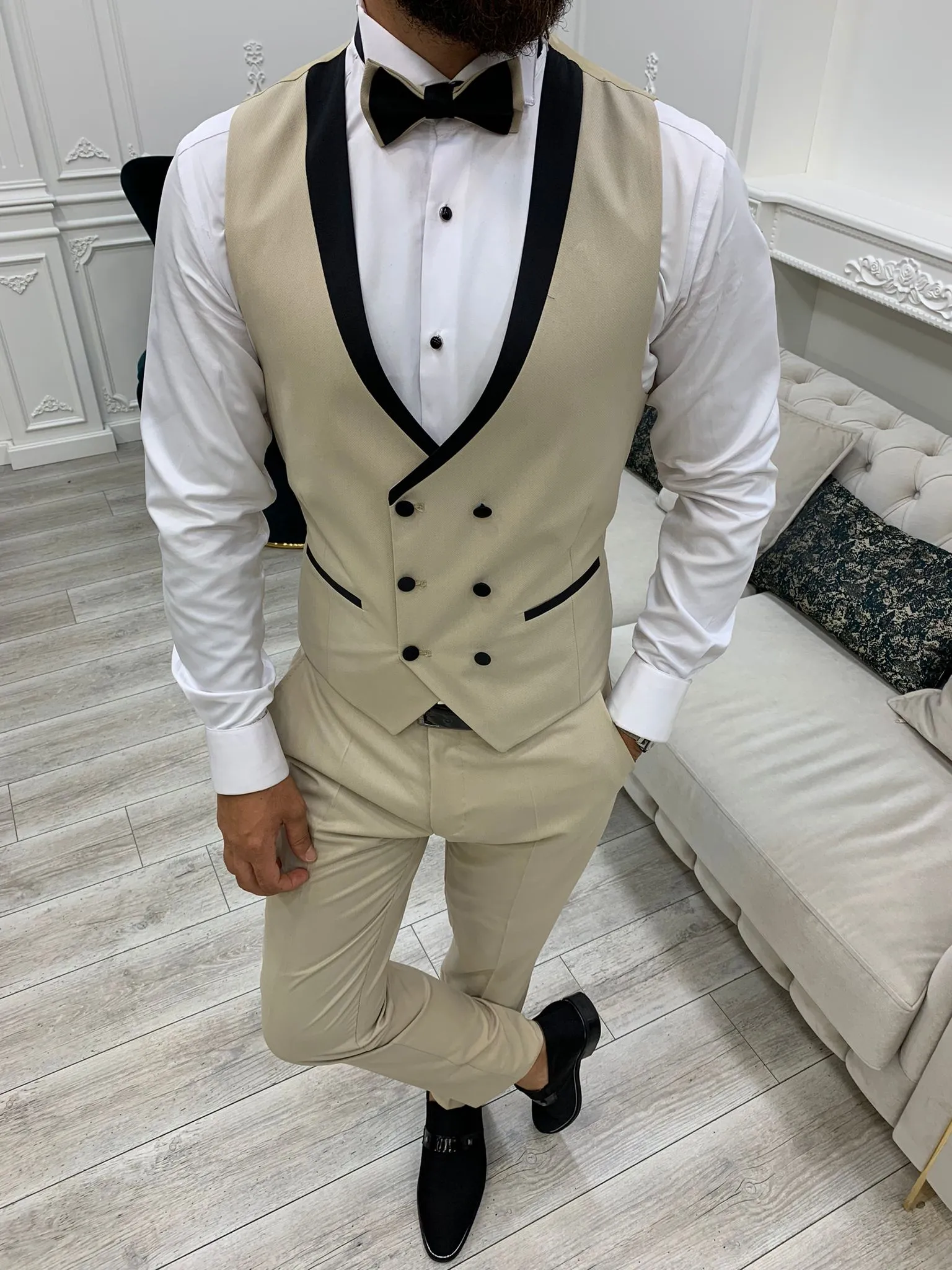 Infinite Beige Slim Fit Shawl Lapel Tuxedo