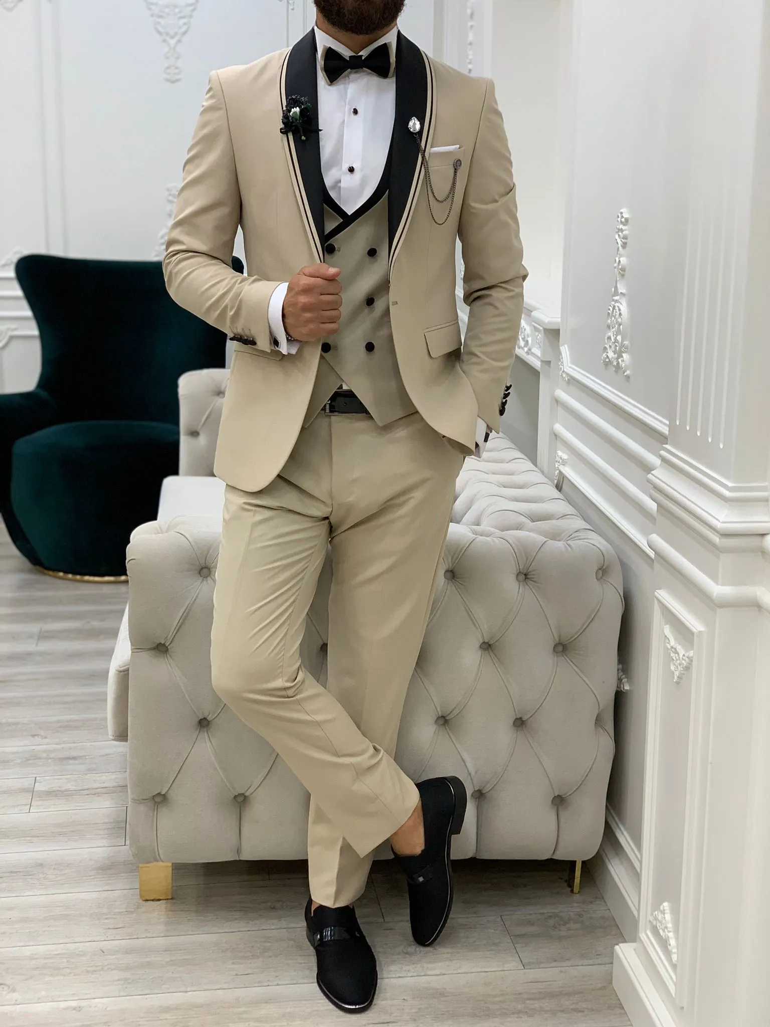 Infinite Beige Slim Fit Shawl Lapel Tuxedo