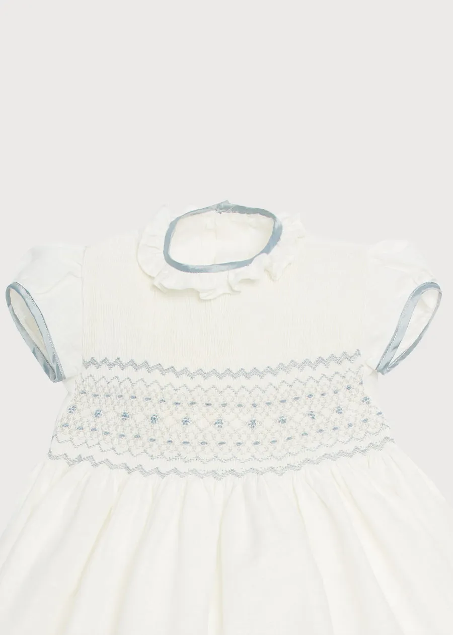 Ivory Hand Smocked Occasion Dress with Blue Details (12mths-8yrs)