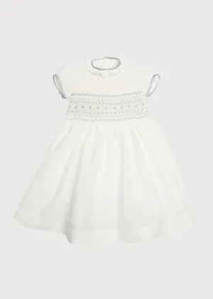 Ivory Hand Smocked Occasion Dress with Blue Details (12mths-8yrs)