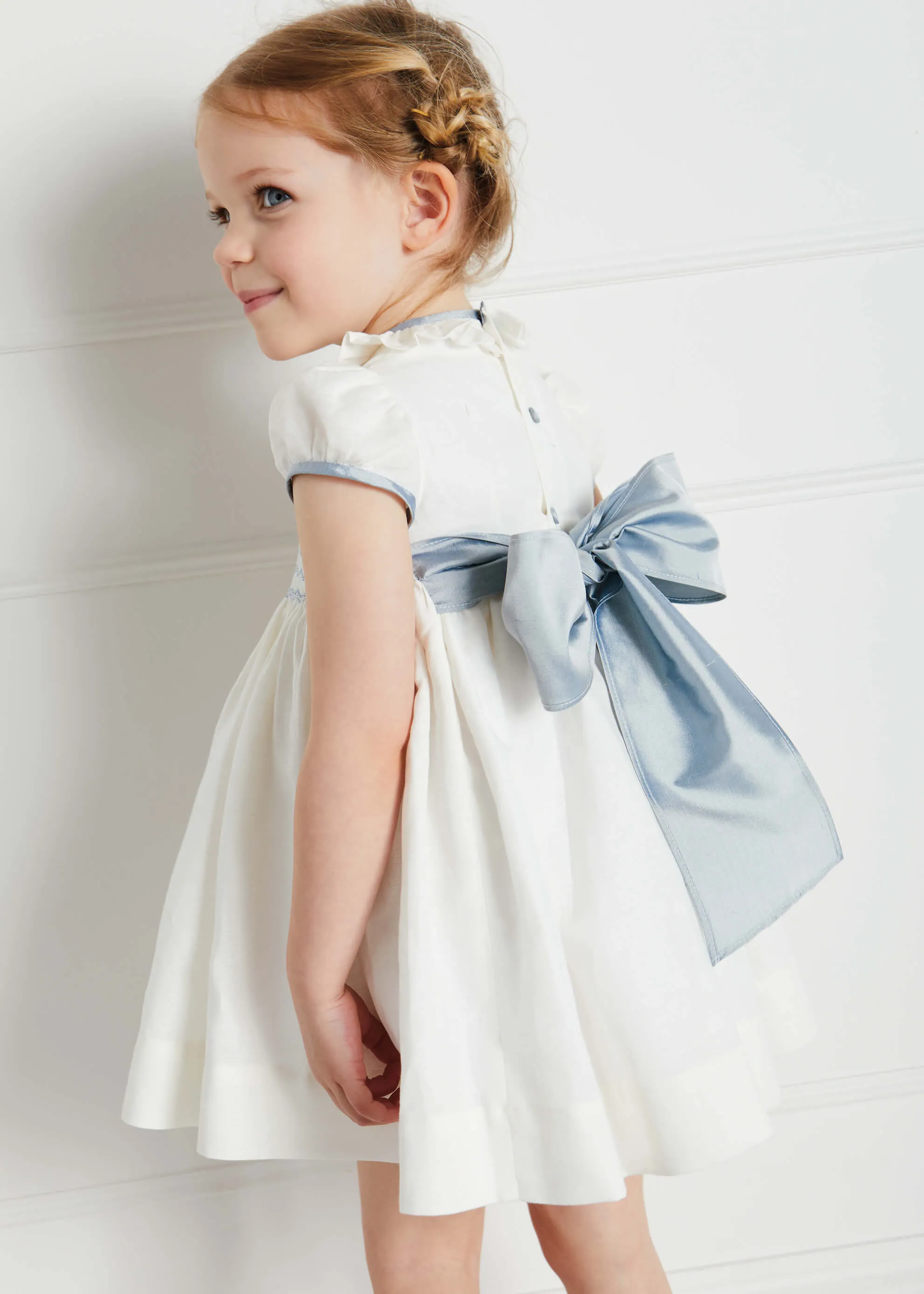 Ivory Hand Smocked Occasion Dress with Blue Details (12mths-8yrs)