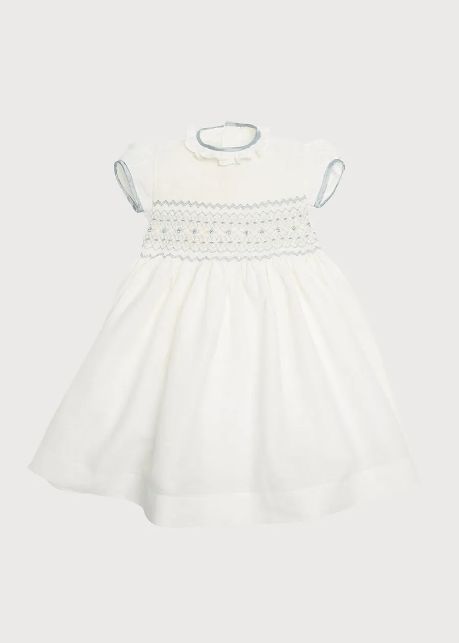 Ivory Hand Smocked Occasion Dress with Blue Details (12mths-8yrs)