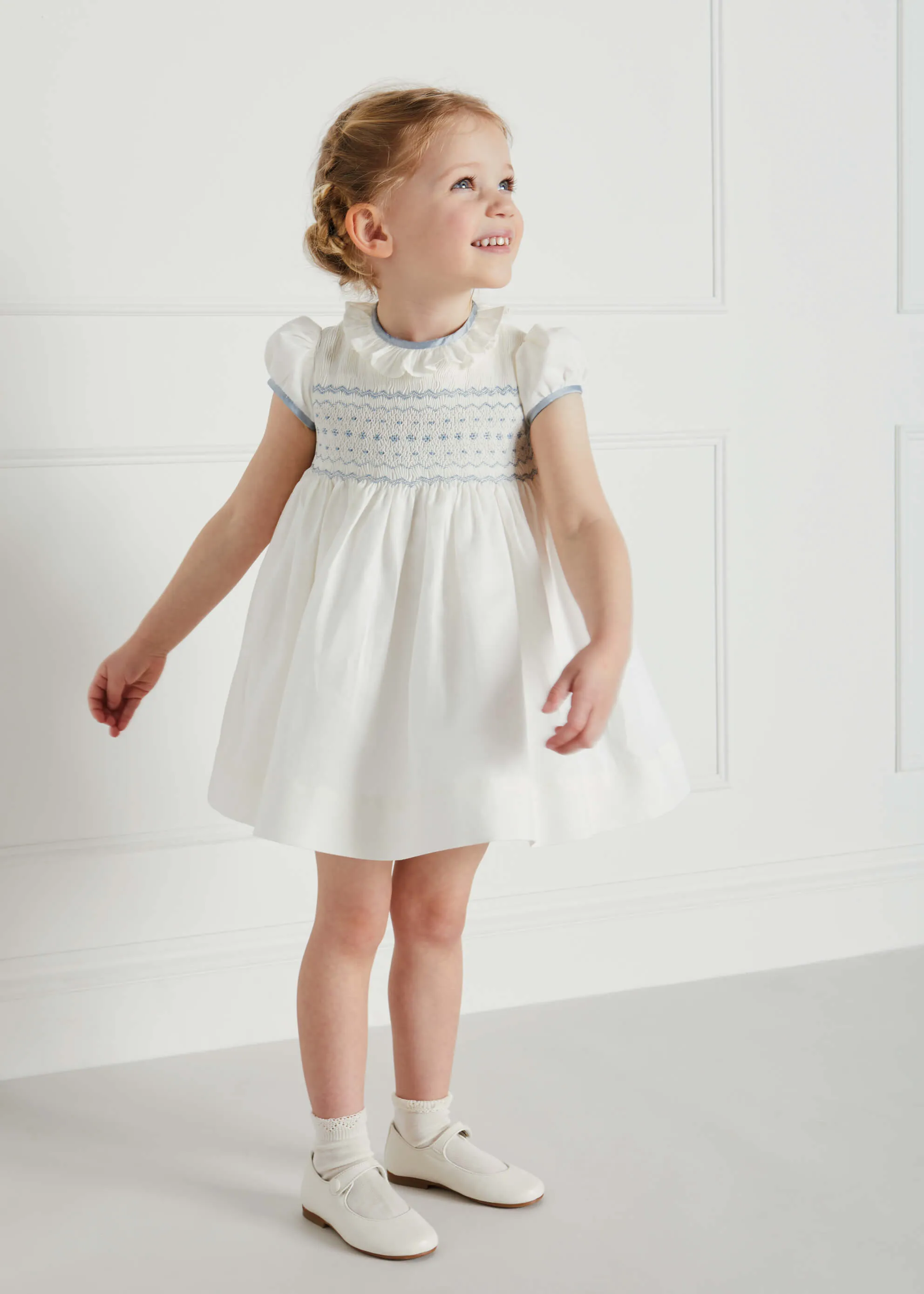Ivory Hand Smocked Occasion Dress with Blue Details (12mths-8yrs)